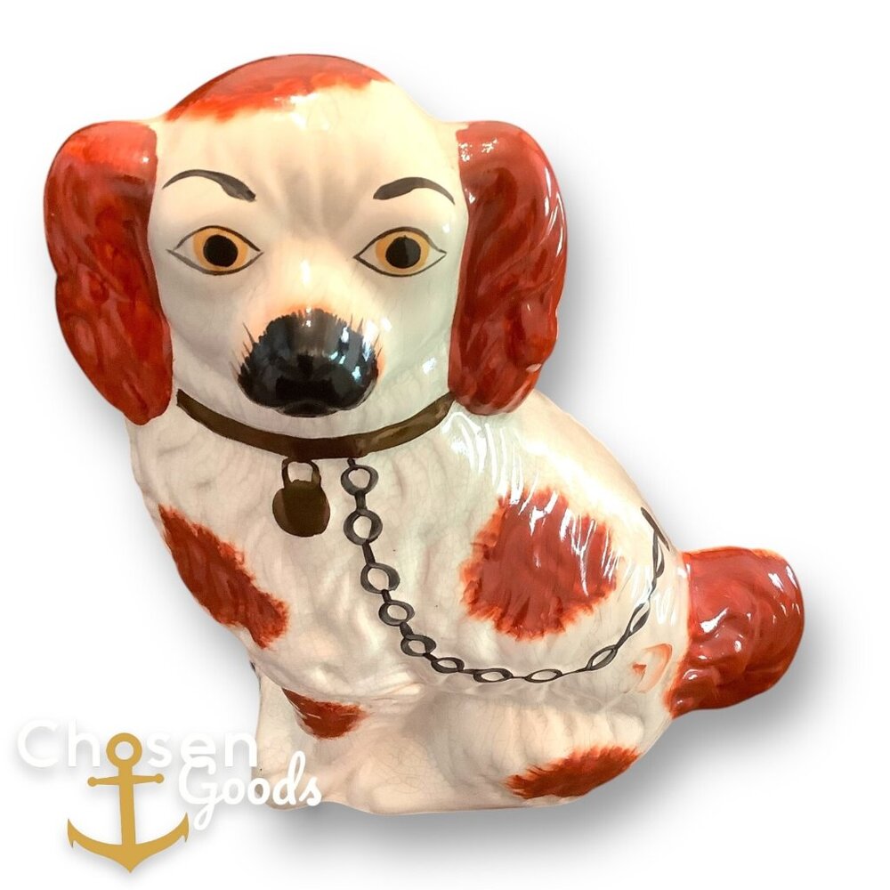Antique English Staffordshire Spaniel Dog Red and White Mantle Art Large 11.5”